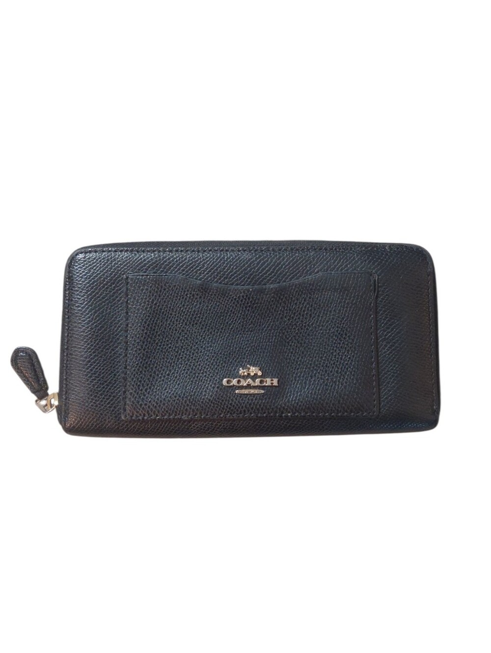 Coach Black Pebbled Leather Zip Wallet with Gold Logo